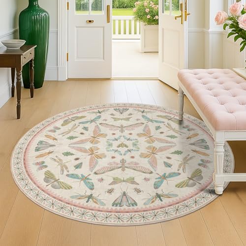 Insect Pink and Blue 5ft Round Area Rug for Living Room (25 Sq Ft)