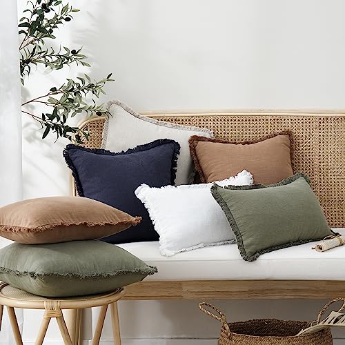 Boho Linen Fringe Lumbar Throw Pillow Covers 12×24 Olive Green (2 Count)