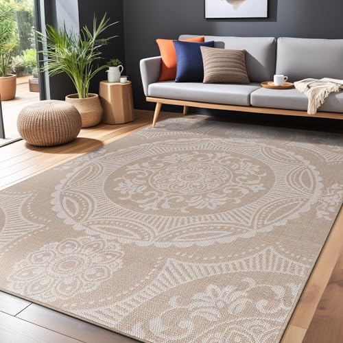 Medallion Outdoor Rug 10x14 Washable Outside Carpet for Indoor Patio Porch Waterproof Easy Cleaning Non Shedding Area Rugs Beige 10 x 14