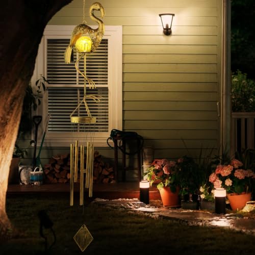 Flamingo Solar Wind Chimes for Outside Gifts for Women Mom Grandma Sister Crackle Glass Ball Flamingo Wind Chimes Solar Lights Outdoor Decor for Garden Backyard Patio Yard Porch