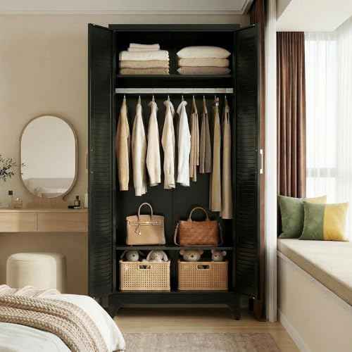 71" Tall Black Wardrobe Closet with Door and Adjustable Shelves