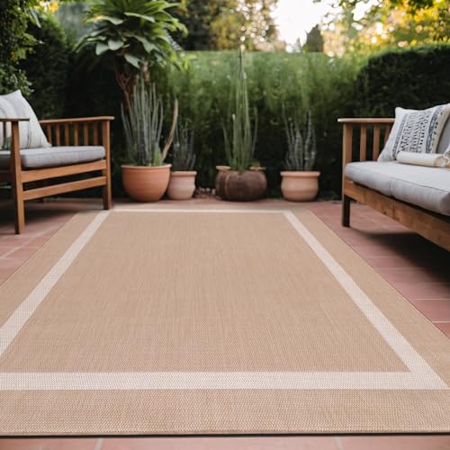 Bordered Outdoor Rug 8x10 Washable Outside Carpet for Indoor Patio Porch Waterproof Easy Cleaning Non Shedding Area Rugs Beige 8 x 10