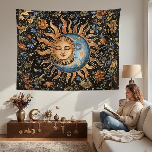 Sun and Moon Tapestry for Bedroom Boho Vintage Floral Hippie Wall Tapestry Aesthetic Retro Flower Plant Small Tapestries Wall Hanging for Living Room Dorm Decor 48 x 36 Inch