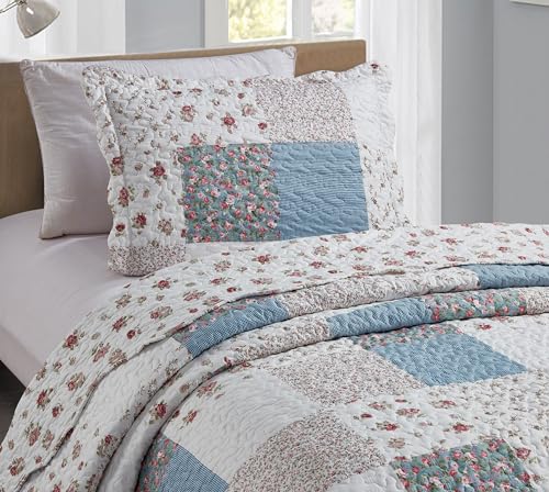Pink Roses & Blue Checks Patchwork Quilt Set