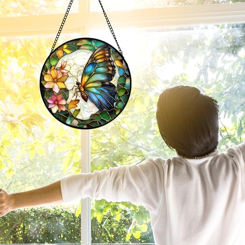 Green Butterfly Flower Stained Glass Window Hanging Suncatcher Gifts 7.8"