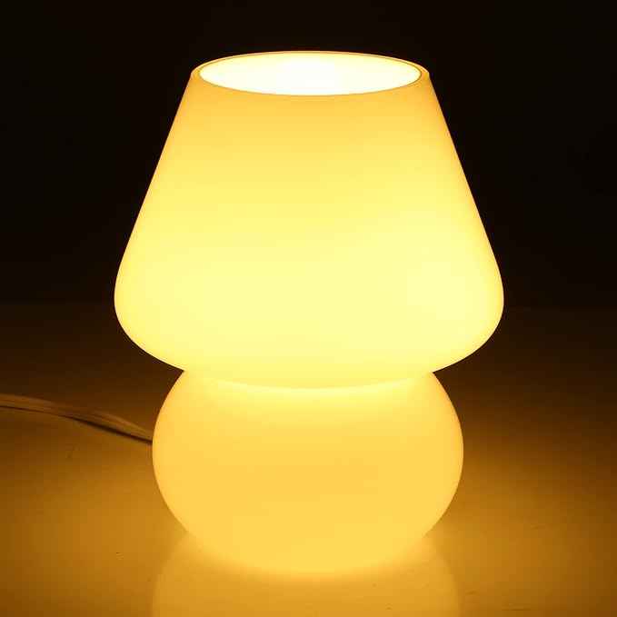 Mushroom lamp,Glass Mushroom Bedside Table Lamp Translucent Murano Vintage Style Striped Small Nightstand Desklamp Swirl Light for Home Decor, Dining, Living, Bedroom, Gift (Matte White)