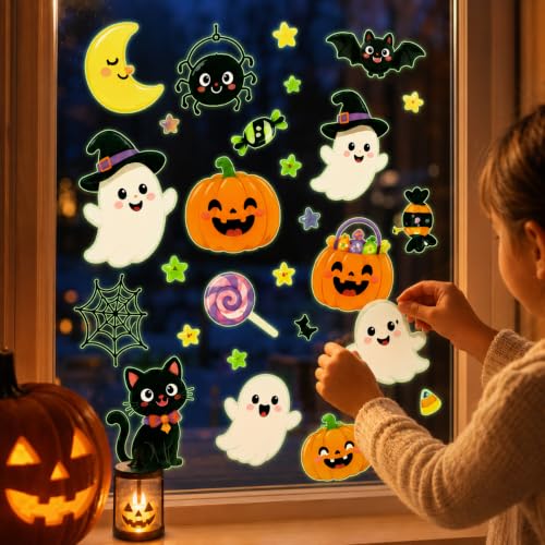 Glow in the Dark Halloween Window Stickers Cute Ghost Pumpkin Black Cat Spider Bat Candy Moon Window Decals for Halloween Party Supplies Home Glass Decorations