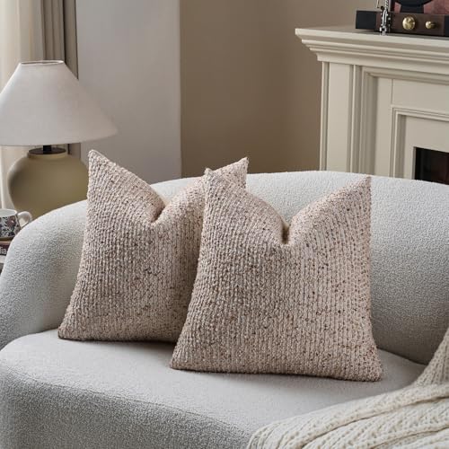 Striped Throw Pillow Covers 24x24 Set of 2 Beige Textured Boucle Chic Morden Boho Accent Farmhouse Square Decorative Couch Pillow Covers for Home Decor Bed Sofa Living Room (2 Count)
