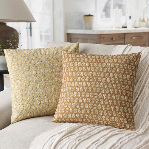 Decorative Floral Print Throw Pillow Covers 20×20 Golden Orange (2 Count)