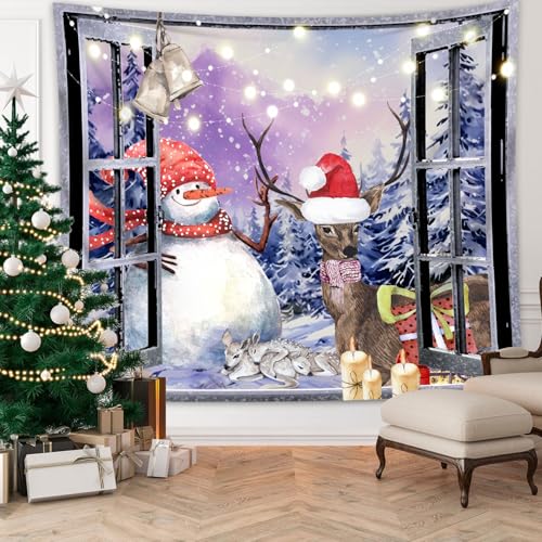 Christmas Window Tapestry Wall Hanging Christmas Backdrop Winter Window Wall Decor Xmas Snowman Deer Tapestries for Bedroom Living Room Dorm Holiday Party Decoration