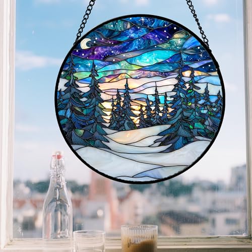 Aurora Winter Forest Stained Glass Window Hanging Suncatcher Gifts 15"