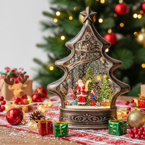 Christmas Snow Globe Lantern Water Glittering Santa's List with Music& Timer