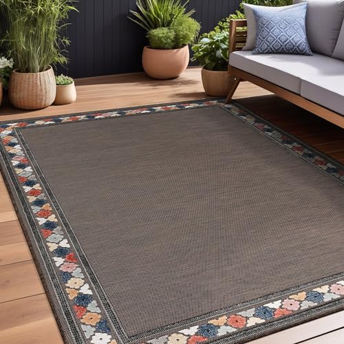 Outdoor Rug 9x12 Modern Bordered Large Area Rugs for Indoor and Outdoor Patio Easy to Clean Non Shedding Living Room Porch Garden Washable Outside Carpet