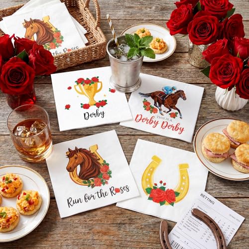 140 Pcs Derby Horse Cocktail Napkins Horse Racing Party Napkins This Is Derby Day Guest Paper 6.5 x 6.5 Inches Roses Party Beverage Paper Disposable for Jockey Birthday Supplies Decoration (140 Count)