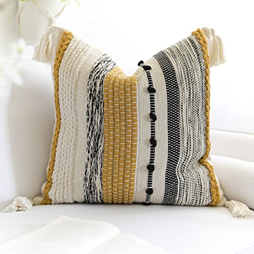 Boho Decorative Throw Pillow Cover 22x22 Square Yellow Mustard Accent Pillowcase Tassels Farmhouse Cushion for Couch Sofa Bedroom Living Room Home Décor Cover ONLY