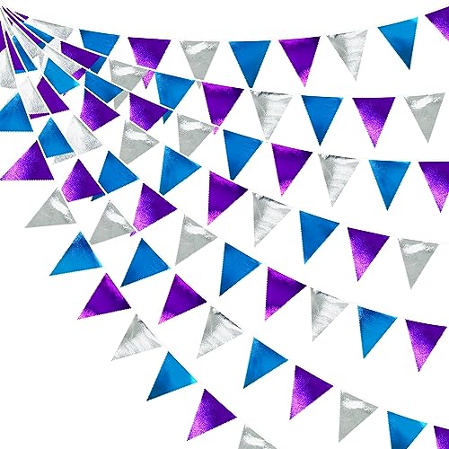 Frozen Party Decoration Purple Blue Silver Metallic Fabric Triangle Pennant Banner Flag Bunting Garland for Frozen Winter Wonderland Christmas Birthday Wedding Baby Shower Bridal Shower Party Supplies (32 Foot)