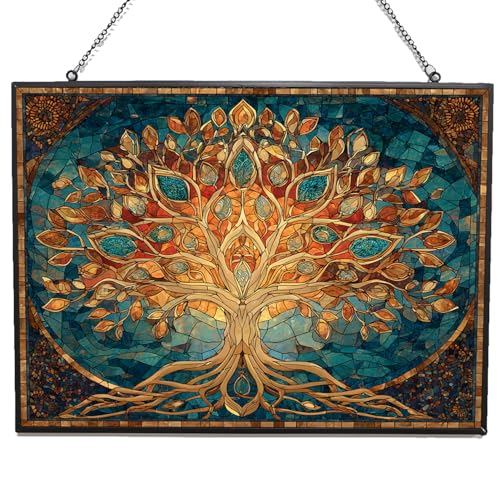 Rectangle Mosaic Sacred Geometry Tree of Life Stained Glass Suncatcher Window Hangings