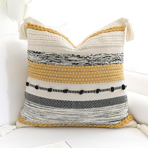 Yellow Mustard Decorative Throw Pillow Cover 18x18 Square Boho Accent Pillowcase Tassels Farmhouse Cushion for Couch Sofa Bedroom Living Room Home Décor Cover ONLY
