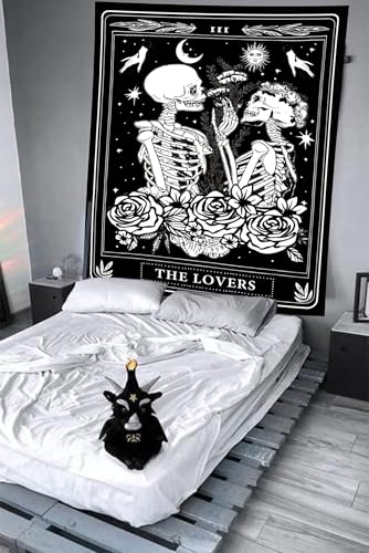 The Lovers Skull Tapestry Gothic Tapestry Vertical Black and White Skeleton Gothic Witch Sun Moon Floral Plant Snake Tapestries Wall Hanging Decor for Bedroom Dorm Room 30 x 40 Inches