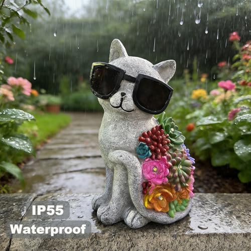 Solar Cat Garden Decor Statues with Succulent LED Lights and Sunglasses