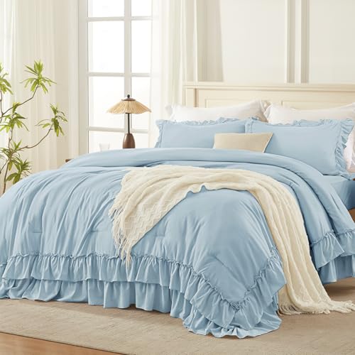 Light Blue Twin Size Ruffle Comforter Set