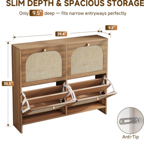 Freestanding Ultra Slim Arched Rattan Accent Shoe Storage Cabinet for Entryway