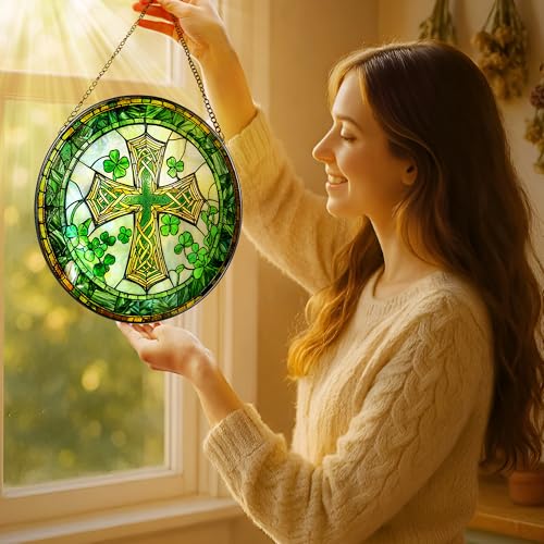 8'' St. Patrick's Day Cross Stained Glass Suncatcher Ornament