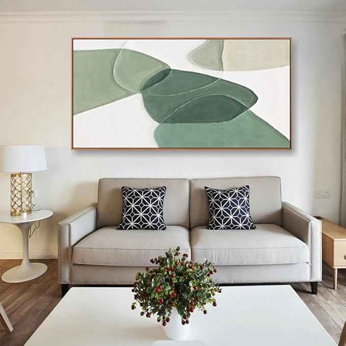Wall Art Canvas Color Block Line Art Prints Green and white geometric color block line art Painting Framed Modern Artwork Decor for Living Room Bedroom Kitchen 24x48 inch