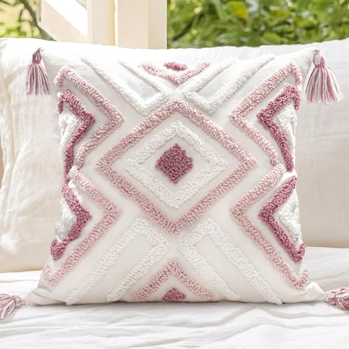 Boho Pillow Covers 18X18 Inch Boho Tufted Throw Pillow Covers Decorative Tassels Cushion Cover Farmhouse Pillow Case for Couch Sofa Bed Living Room Bedroom
