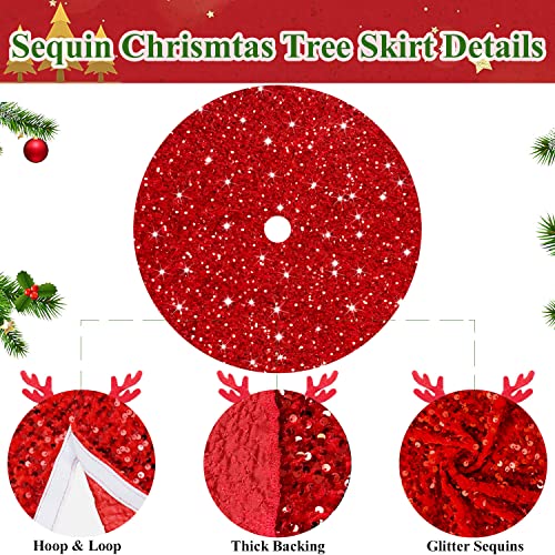 Red Christmas Tree Skirt Mini Glitter Tree Skirts 21 Inch Sequin Xmas Tree Skirt Thick Velvet Tree Mat Small Sparkly Tree Skirts Bling Christmas Tree Skirting Collar for Winter Holiday Decor