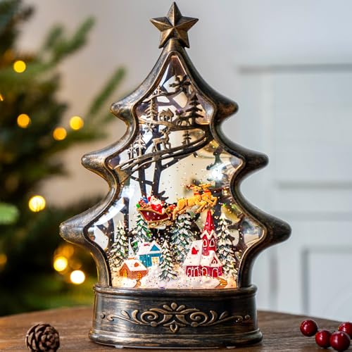 Christmas Snow Globe Lantern Water Glittering Buildings Santa's Deer with Music& Timer