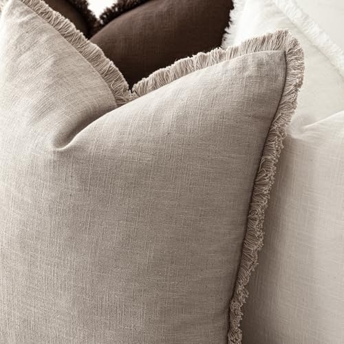 Boho Linen Fringe Lumbar Throw Pillow Covers 12×24 Natural Linen