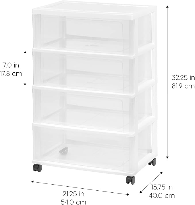 IRIS USA Plastic Drawer Storage Organizer Rolling Cart, with Wheels Casters, 4-Drawers, for Art Craft Supplies Bathroom Dorm Bedroom Laundry Room, Wide, White/Clear
