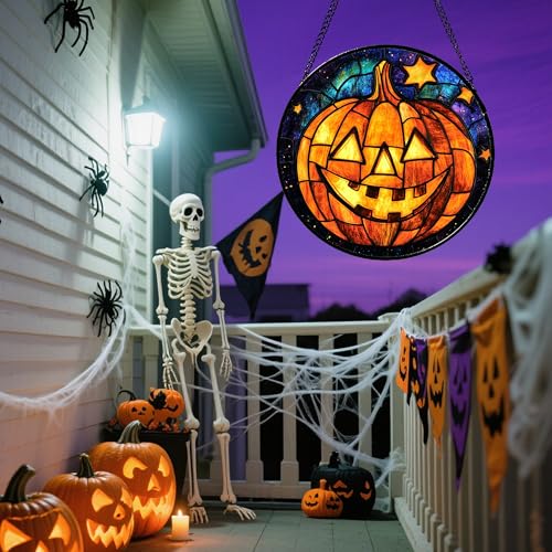 Stained Glass Window Hanging Halloween Horror Golden Pumpkin 6.3"