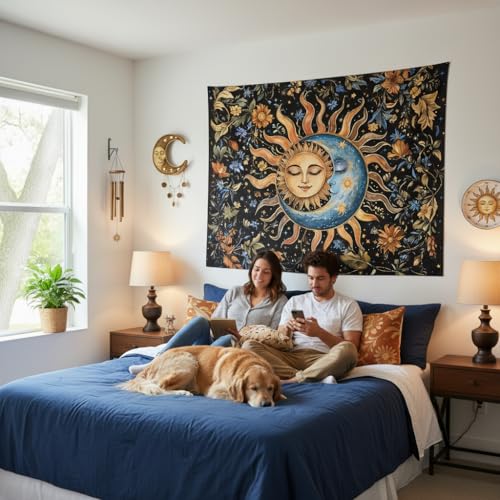Sun and Moon Tapestry for Bedroom Boho Vintage Floral Hippie Wall Tapestry Aesthetic Retro Flower Plant Large Tapestries Wall Hanging for Living Room Dorm Decor 80 x 60 Inch