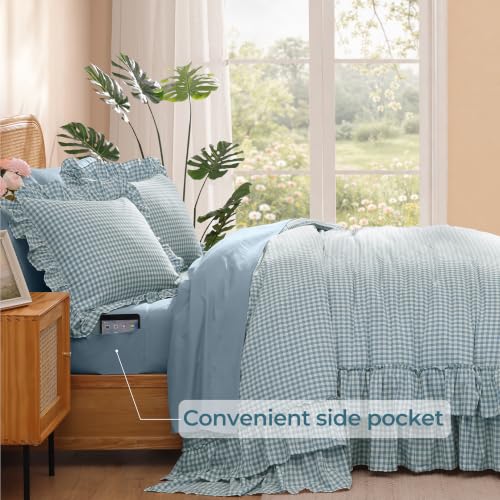 Full Size Comforter Set Blue Gingham Ruffle 7 Pieces Farmhouse Bed in a Bag