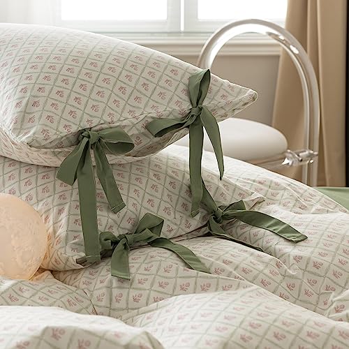 Full Comforter Set Pink Flower Comforter with 2 Bowknot Pillowcases Chic Plaid Grid Prints Floral Bedding Comforter Boho Farmhouse Bedding Set French Country Style Botanical Comforter Set (3 Count)