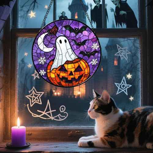 Stained Glass Window Hanging Halloween Horror Pumpkin 11.8"