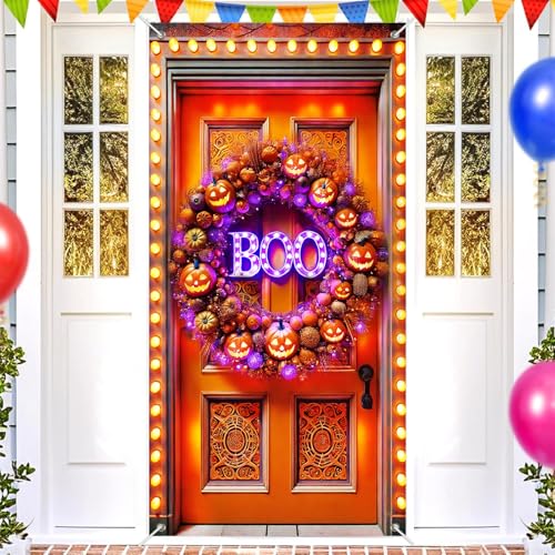 Halloween Door Banner LED Pumpkin Wreath 35x71 Inches Spooky Lit “Boo” Decor with String Lights & Jack