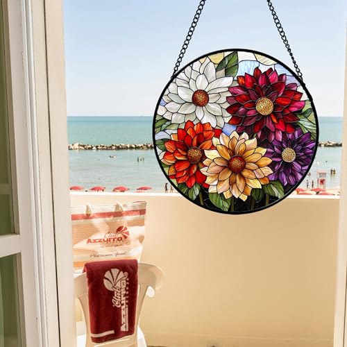 Stained Glass Window Hanging Color Dahlia Suncatcher Gifts for Women 9.8"