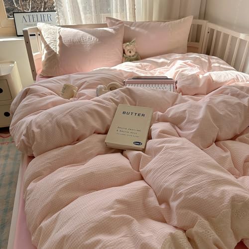 Pink Gingham Comforter Set Twin XL Fluffy Soft Princess Style Girls Lace Bedding Set Vintage Plaid Checkered Comforter with 2 Pillowcases Farmhouse Gingham Bedding Grid Bed Comforter Set