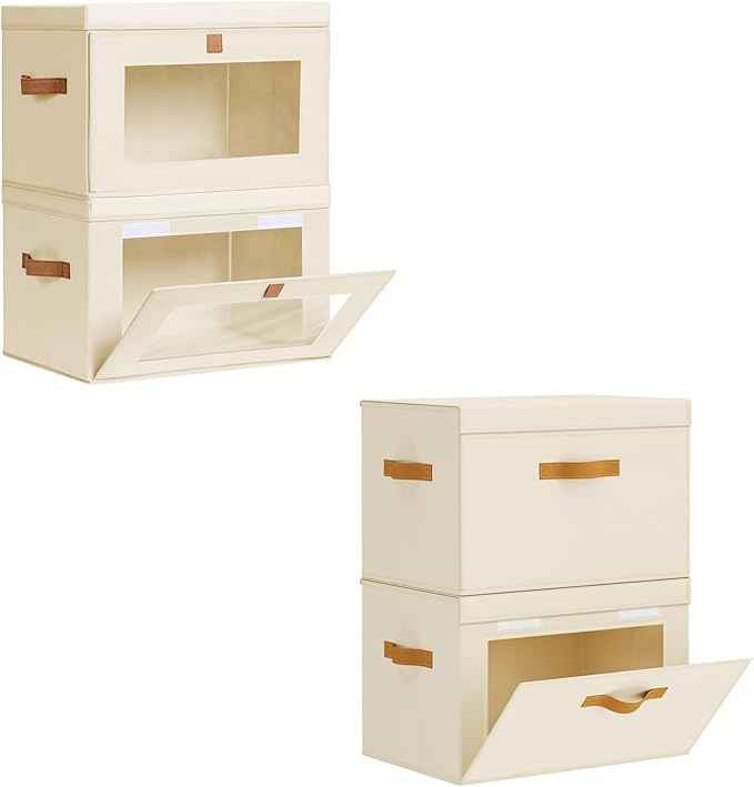 Clothes Storage Bins with Window & Flap Closet Organizer with Handles, Decorative Basket for Home, Dorm, Beige