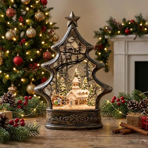Musical Snow Globe Christmas Tree Lantern Lighted Church with Nativity Manger Scene Water Lantern in Swirling Glitter