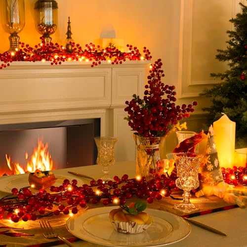 2 Pack 8.9FT Christmas Red Berry Garland with String Lights (2 Count)
