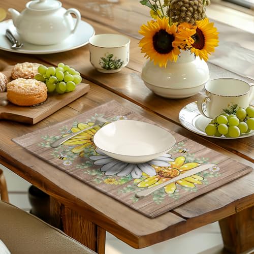 Spring Summer Floral Set of 4 Sunflower Daisy Eucalyptus Leaf Wooden Board Place Mats 12x18 Inch Rustic Vintage Flowers Farmhouse Table Mats for Home Kitchen Dining Decoration (4 Count)