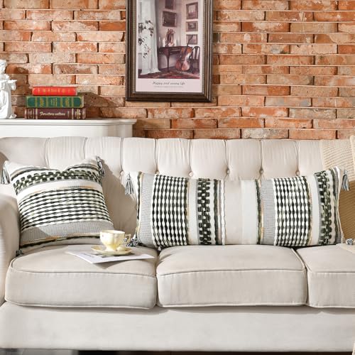 Chenille Striped Textured Boho Throw Pillow Covers Aesthetic with Tassels Woven Decorative Pillow Case for Couch Bed Sofa Bedroom Modern Funky 14 x 36