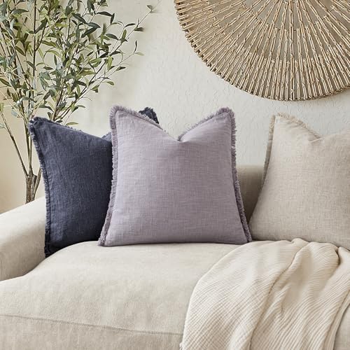 Decorative Linen Fringe Throw Pillow Covers 22×22 Light Purple (2 Count)