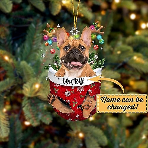 Brown French Bulldog in Snow Pocket Christmas Tree Ornament