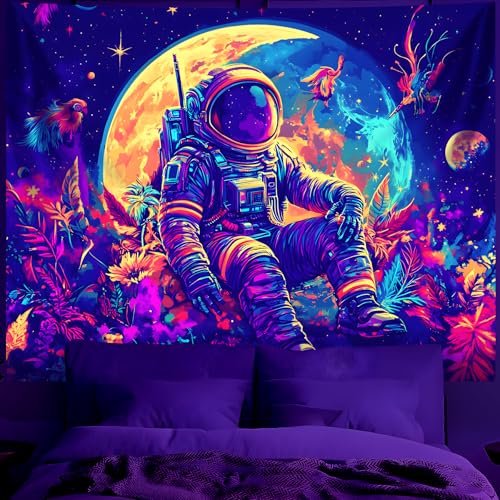 Blacklight Space Astronaut Tapestry UV Reactive Galaxy Planet Glow in Dark Tapestries Black Light Poster Neon Wall Hanging Art for bedroom Living Room