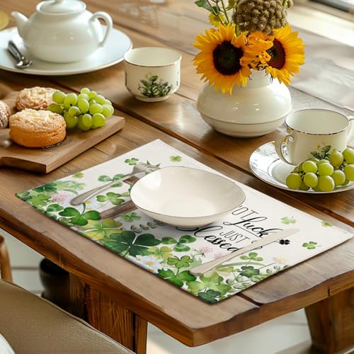 St Patricks Placemats Set of 4 St. Patrick's Day Cross Shamrocks Clover Linen Table Mats 12x18 Inch Spring Heat Resistant Washable Place Mat for Kitchen Dining Home Party Decor (4 Count)